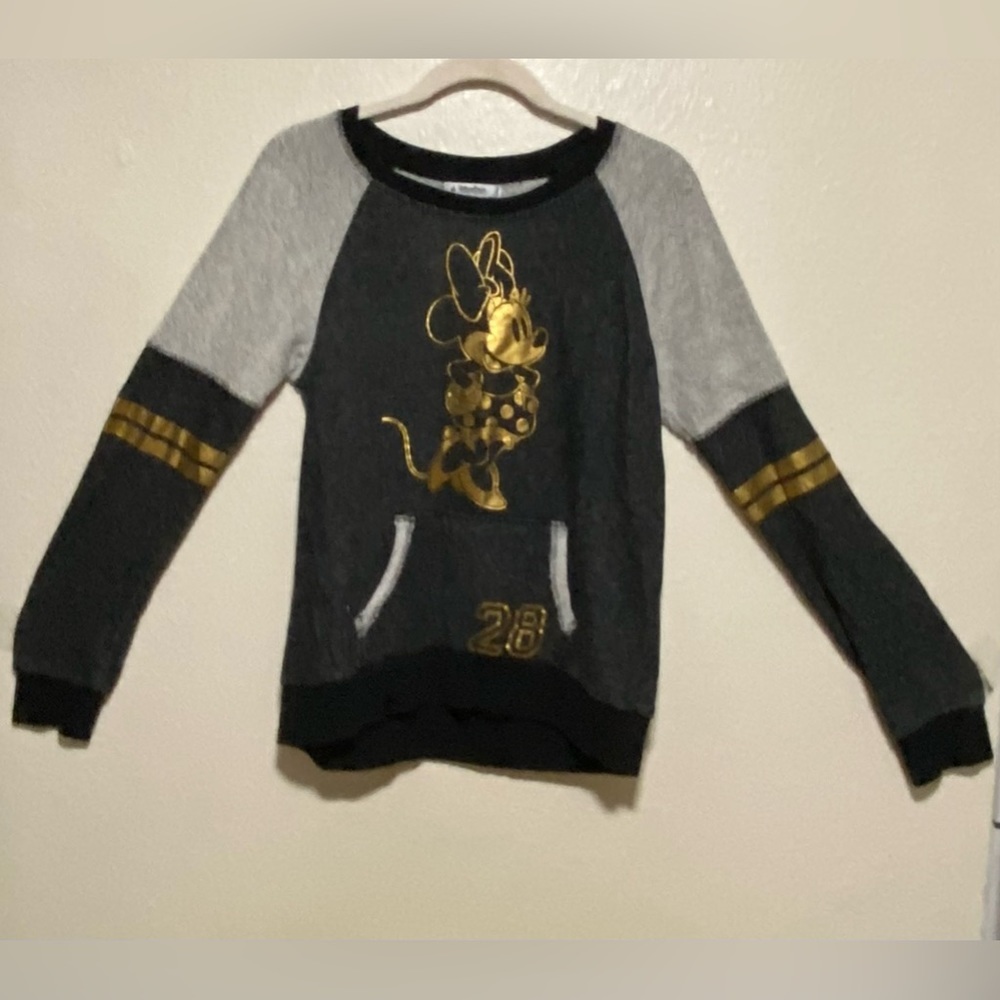 Disney Minnie Mouse Gold Foil Sweatshirt | Long Sleeve Pullover Top | Medium